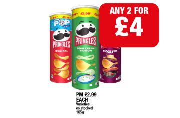Pringles Original, Sour Cream, Texas BBQ - Any 2 for £4 at Family Shopper
