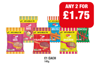 Tangy Mix, Gummy Mix, Giant Strawberries, Fizzy Rainbow Belts, Sour Snakes, Strawberry Pencils - Any 2 for £1.75 at Family Shopper