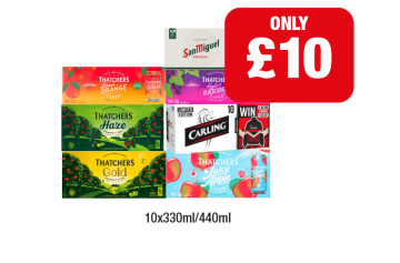 Thatchers Blood Orange, Haze, Gold, Apple & Blackcurrant, Juicy Apple, San Miguel, Carling - Now Only £10 at Family Shopper