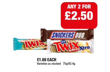 Twix Salted Caramel Xtra, White Xtra, Snickers Duo - Any 2 for £2.50 at Family Shopper