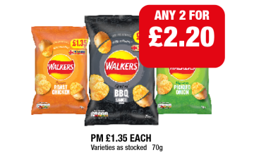 Walkers Roast Chicken, BBQ Sauce, Pickled Onion - Any 2 for £2.20 at Family Shopper