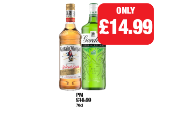 Captain Morgan Spiced Gold, Gordon's Dry Gin - Now Only £14.99 each at Family Shopper