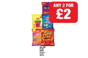 Doritos Tangy Cheese, Monster Munch Roast Beef, Squares Salt & Vinegar, Wotsits Prawn Cocktail, Cheetos Twisted Sweet & Spicy - Any 2 for £2 at Family Shopper