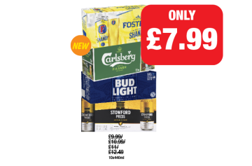 MEGA DEALS: Foster's Shandy, Carlsberg, Bud Light, Stowford Press - Now Only £7.99 each at Family Shopper