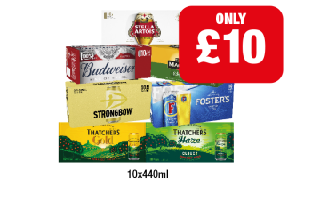 Stella Artois, Budweiser, Magners, Strongbow, Fosters, Thatchers Gold, Haze - Now Only £10 at Family Shopper