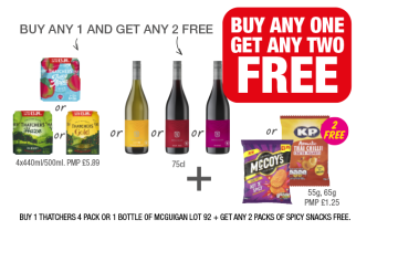 Thatchers Juicy Apple, Haze, Gold, McGuigan Lot 92 Chardonnay, Deep Red, Shiraz, McCoy's Hot 'N' Spicy, KP Thai Chilli Coated Peanuts - Buy Any 1 Get Any 2 FREE at Family Shopper