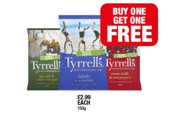 Tyrrells Lightly Salted, Sea Salt & Vinegar, Sweet Chilli & Red Pepper - Buy 1 Get 1 FREE at Family Shopper