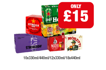 Heineken, Estrella, Desperados, Strongbow Dark Fruits, Madri, Moretti - Now Only £15 at Family Shopper