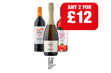 I Heart Merlot, Bubbly, Hardy's VR Rosé - Any 2 for £12 at Family Shopper