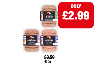 Jack's Sausages Lincolnshire, Cumberland, Traditional Pork - Now Only £2.99 at Family Shopper