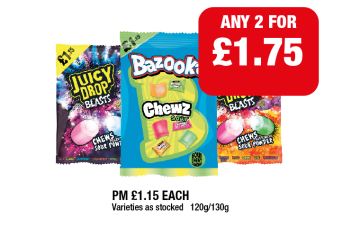 Juicy Drop Blasts, Tropical, Bazooka Chewz - Any 2 for £1.75 at Family Shopper