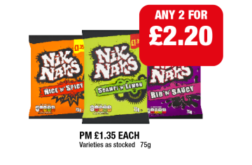 Nik Naks Nice 'N' Spicy, Scampi 'N' Lemon, Rib 'N' Saucy - Any 2 for £2.20 at Family Shopper