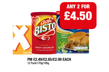 OXO Cube Chicken, Aah Bisto Gravy Granules, Paxo Sage & Onion Stuffing - Any 2 for £4.50 at Family Shopper