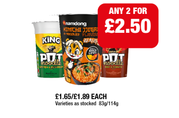 Pot Noodle, Beef & Tomato, Namdong Kimchi Flavour - Any 2 for £2.50 at Family Shopper