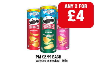Pringles Original, Cheese & Onion, Prawn Cocktail - Any 2 for £4 at Family Shopper