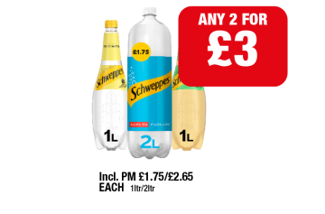 Schweppes Tonic Water, Lemonade, Ginger Ale - Any 2 for £3 at Family Shopper