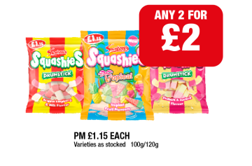 Squashies Drumstick, Tropical, Rhubarb & Custard - Any 2 for £2 at Family Shopper