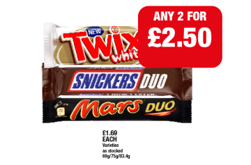 Twix White Xtra, Snickers Duo, Mars Duo - Any 2 for £2.50 at Family Shopper
