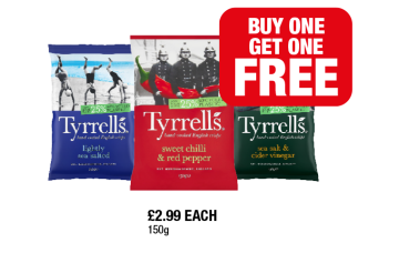 Tyrrells Lightly Salted, Sweet Chilli & Red Pepper, Salt & Vinegar - Buy 1 Get 1 FREE at Family Shopper