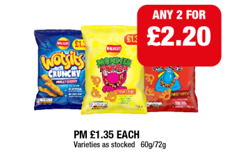 Wotsits Crunchy, Monster Munch Roast Beef, Sweet & Spicy - Any 2 for £2.20 at Family Shopper