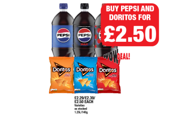 Pepsi, Max, Cherry Max, Doritos Tangy Cheese, Cool Original, Chilli Heatwave - Buy Pepsi And Doritos For £2.50 at Family Shopper