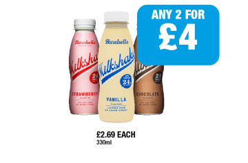 Barebells Milkshake Vanilla, Strawberry, Chocolate - Any 2 for £4 at Family Shopper