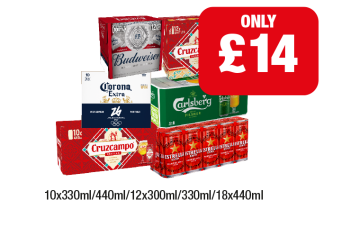 Budweiser, Cruzcampo, Corona, Carlsberg, Estrella - Now Only £14 at Family Shopper