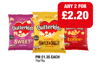 Butterkist Popcorn Sweet, Sweet & Salty, Toffee - Any 2 for £2.20 at Family Shopper