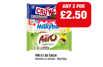 Crunch Bar, Milkybar, Aero Peppermint - Any 2 for £2.50 at Family Shopper