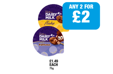 Dairy Milk Pudding Flake, Buttons - Any 2 for £2 at Family Shopper