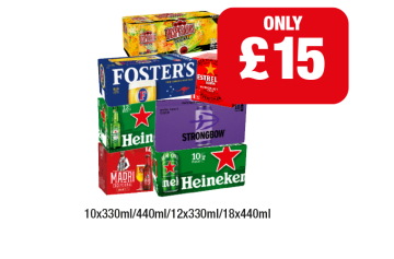 Desperados, Fosters, Estrella, Heineken, Strongbow Dark Fruits, Madri - Now Only £15 at Family Shopper