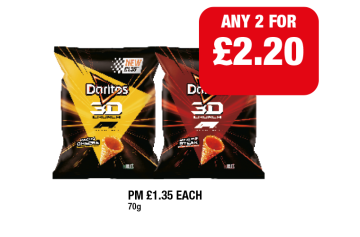 Doritos 3D Crunch Nacho Cheese, Sizzling Steak - Any 2 for £2.20 at Family Shopper