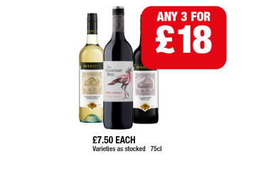 Hardy's Chardonnay, Cabernet Merlot, The Secretary Bird - Any 3 for £18 at Family Shopper