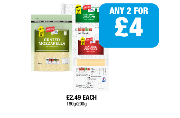 Jack's Grated Mozzarella, Medium Cheddar, Mature Cheddar - Any 2 for £4 at Family Shopper