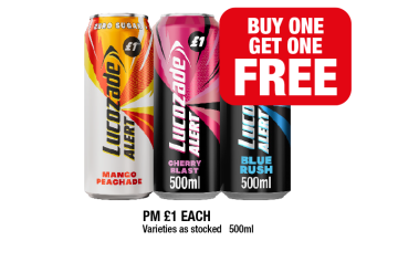Lucozade Alert Mango Peachade, Cherry Blast, Blue Rush - Buy 1 Get 1 FREE at Family Shopper