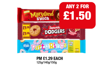 Maryland S'wich, Jammie Dodgers, Party Rings - Any 2 for £1.50 at Family Shopper
