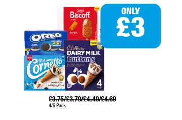Oreo Ice Cream Mini, Corentto Classico, Dairy Milk Buttons Ice Cream, Biscoff Sticks - Now Only £3 at Family Shopper