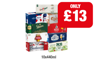 San Miguel, Kronenbourg, Carlsberg, Staropramen, Madri, Stella Artois, Poretti, Budweiser, Inch's - Now Only £13 at Family Shopper