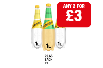 Schweppes Tonic Water, Slim Line, Gingerale - Any 2 for £3 at Family Shopper