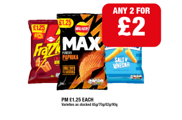 Frazzlers, Max Paprika, Chipsticks Salt 'N' Vinegar - Any 2 for £2 at Family Shopper