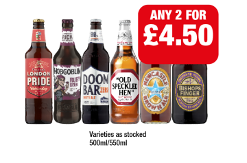 London Pride, Hobgoblin Ruby Beer, Doom Bar Zero, Old Speckled Hen, Newcastle Brown Ale, Bishops Finger - Any 2 for £4.50 at Family Shopper