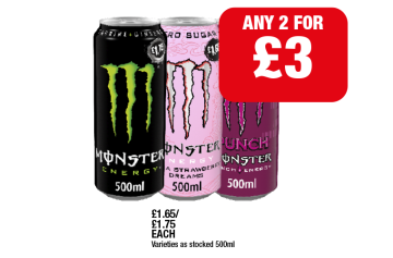Monster Energy, Strawberry Dreams, Punch - Any 2 for £3 at Family Shopper