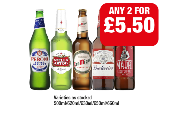 Peroni, Stella Artois, San Miguel, Budweiser, Madri - Any 2 for £5.50 at Family Shopper