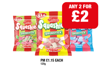 Squashies Drumstick Original, Sour, Bubblegum Flavour - Any 2 for £2 at Family Shopper