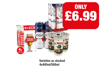 Stella Artois, Kronenbourg, Moretti, Budweiser - Now Only £6.99 at Family Shopper