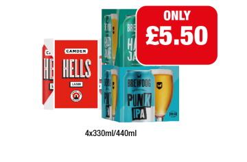 Camden Hells, Brewdog Hazy Jane, Punk IPA - Now Only £5.50 at Family Shopper