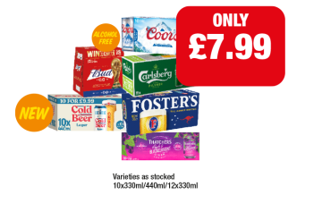 Coors, Budweiser, Carlsberg, Fosters, Brewdog Cold Beer, Thatchers Apple & Blackcurrant - Now Only £7.99 at Family Shopper