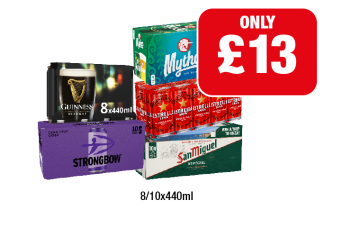 Guinness, Strongbow Dark Fruit, Mythos, Estrella, San Miguel - Now Only £13 at Family Shopper