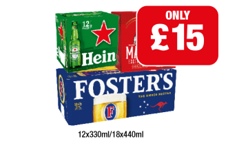 Heineken, Madri, Fosters - Now Only £15 at Family Shopper