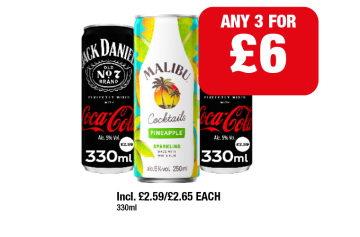 Jack Daniels Coca Cola, Cherry, Malibu Pineapple - Any 3 for £6 at Family Shopper